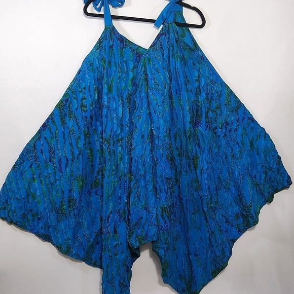 Women's Blue Textured Asymmetrical Wide Leg Shoulder Tie Pockets Jumpsuit Romper - Picture 9 of 14